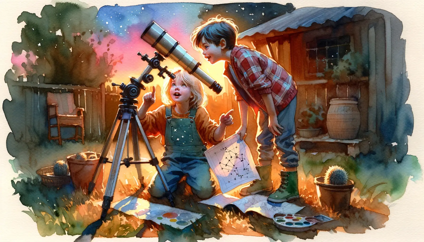 Kinder entdecken mit einem Fernrohr