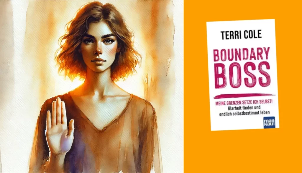Frau mit Geste der Abgrenzung, daneben Buchcover von Boundary Boss