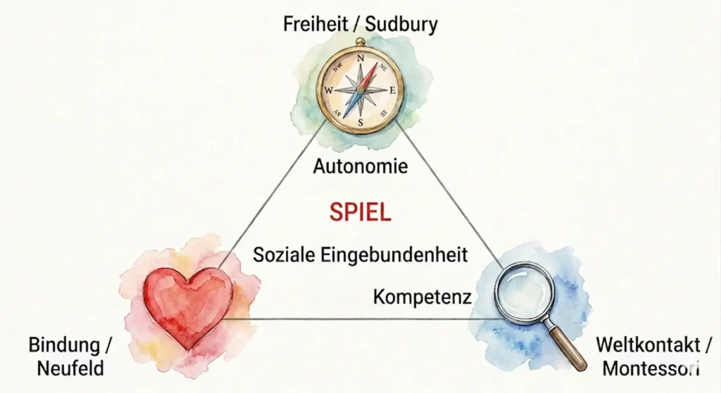 Grafik des Entfaltungs-Dreiecks: Die Balance aus Bindung, Weltkontakt und Freiheit als Basis für spielerisches Lernen.